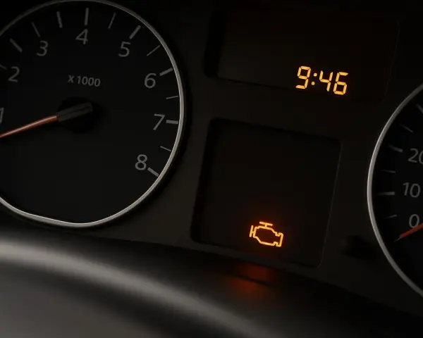 Cruscotto auto con spia centralina accesa, indicando un problema al motore. L'ora è 9:46.