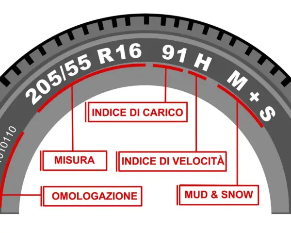Guida per capire che gomme hai: misura (205/55 R16), indice di carico (91), indice di velocità (H), omologazione (E4) e M+S.