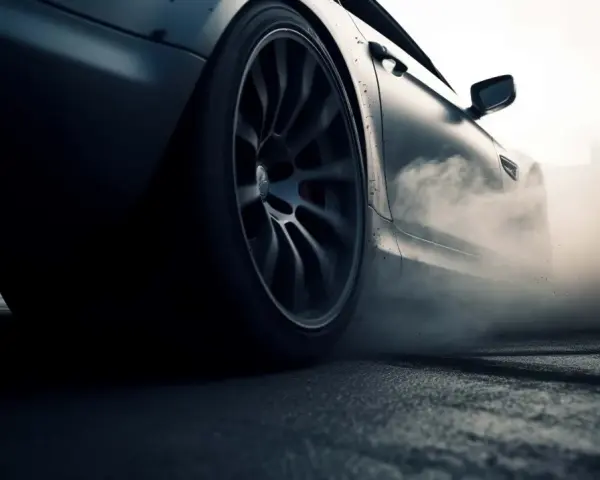 Auto in derapata, fumo denso dagli pneumatici che stridono sull'asfalto. La rumorosità pneumatici è assordante.