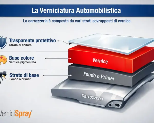 Strati di verniciatura auto: primer, colore e trasparente protettivo. La domanda "dopo quanto tempo si applica il trasparente sulla vernice" è centrale per una finitura perfetta.