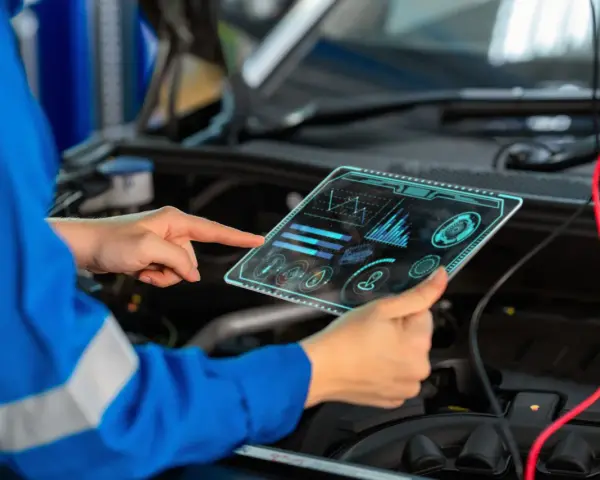 Meccanico con tablet futuristico analizza dati per il cambio centralina auto.