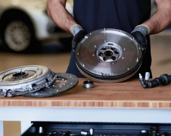 Meccanico mostra un volano auto nuovo, pronto per essere installato. Accanto, un kit frizione e un attrezzo.
