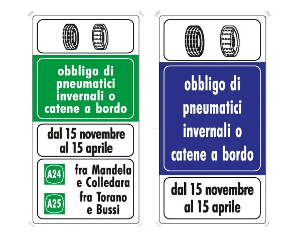 Segnali stradali: obbligo pneumatici invernali o catene a bordo dal 15/11 al 15/04. Utile per capire l'etichetta pneumatici come leggerla.