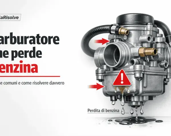 Carburatore che perde benzina, un problema comune che incide su quanto costa rifare un motore benzina. Le frecce indicano le perdite.