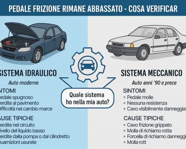 Illustrazione che confronta sistemi frizione idraulici e meccanici, con un pedale frizione abbassato come sintomo.