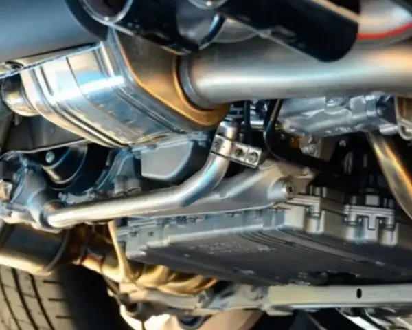 Dettaglio dell'impianto di scarico di un'auto, con tubi lucidi e silenziatore cromato.