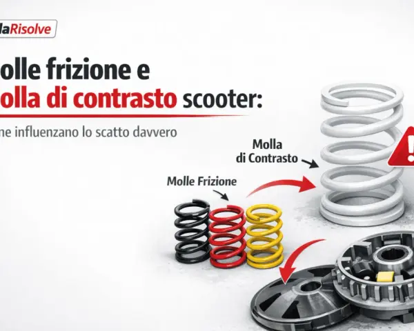 Molle frizione e molla di contrasto scooter: come influenzano lo scatto. La molla di contrasto, più grande, è cruciale per il rapporto più basso del cambio di velocità.