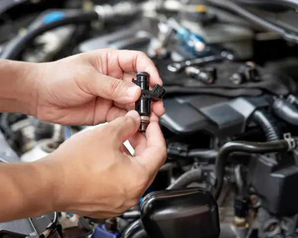 Mani che tengono un iniettore auto, componente essenziale per il funzionamento del motore.
