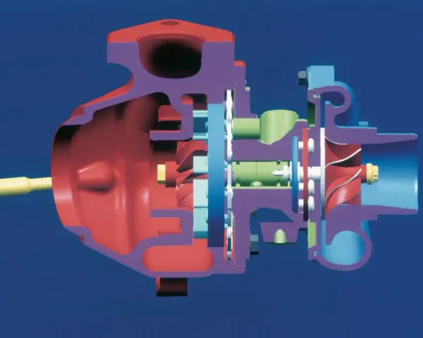 Sezione di un motore turbo, con turbina e compressore colorati in modo vivace.