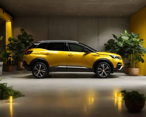 Peugeot 3008 giallo brillante, un'auto che cattura l'attenzione. Il suo codice colore evoca energia e stile, circondata da piante verdi in un ambiente moderno.