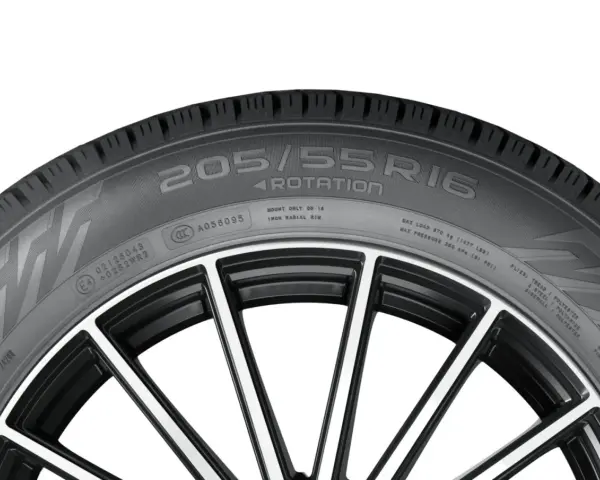 Pneumatico auto con indicazione della dimensione 205/55 R16, montato su un cerchio sportivo.