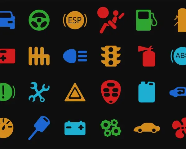 Icone colorate su sfondo nero: cruscotto auto, cambio, spie motore benzina, ABS, batteria, ruote, ecc.