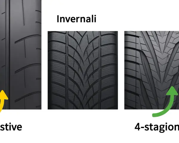 Confronto battistrada: gomme estive (sinistra), invernali (centro) e 4 stagioni (destra). La differenza gomme estive e invernali è evidente nel disegno.