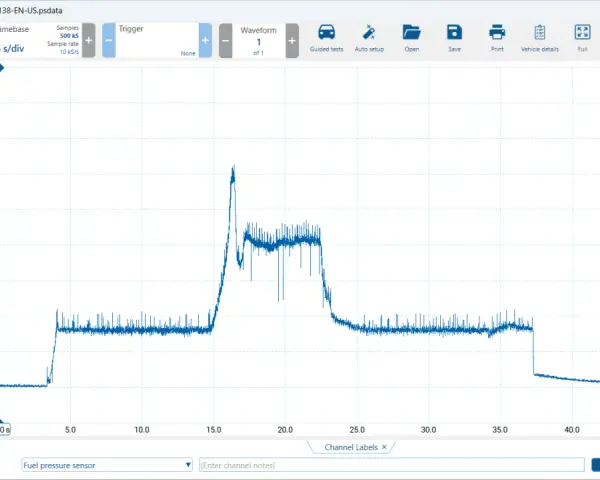 Grafico del sensore pressione rail: mostra il funzionamento con un picco e poi una stabilizzazione.