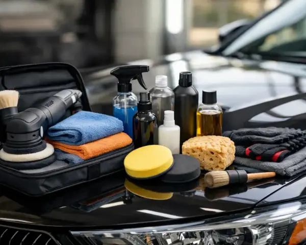 Kit per la carteggiatura auto: lucidatrice, tamponi, spazzole, panni in microfibra e flaconi di prodotti per la cura dell'auto.