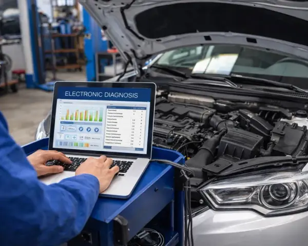 Meccanico esegue diagnosi centralina auto con laptop. Il computer mostra grafici e dati tecnici.