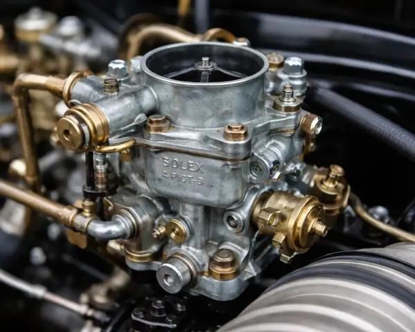 Dettaglio di un carburatore Solex per auto d'epoca, con tubi in ottone e finiture metalliche lucide.