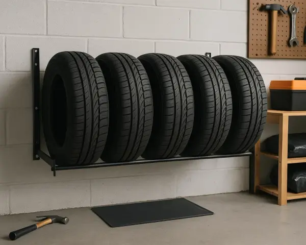 Cinque pneumatici da auto sono disposti su un supporto a muro. Sullo scaffale a destra, una cassetta degli attrezzi arancione e nera e due sacchi neri.