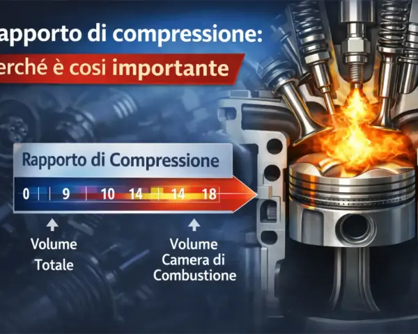 Il rapporto di compressione motore diesel è fondamentale. L'immagine mostra un pistone in fase di combustione, con fiamme vive, e un grafico che illustra i volumi e i rapporti.