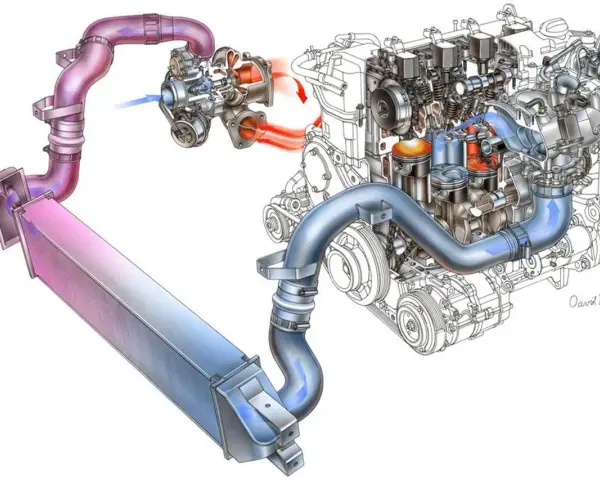 Schema di un motore con turbocompressore e intercooler. Il flusso d'aria, evidenziato da frecce, mostra il funzionamento dei **motori sovralimentati**.