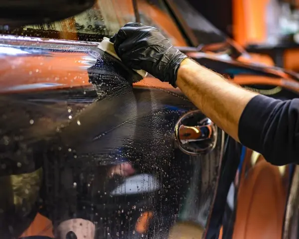 Mano con guanto nero pulisce la carrozzeria lucida di un'auto, rimuovendo la resina con un panno umido e schiumoso.