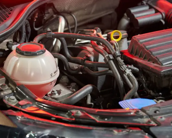 Serbatoio trasparente con liquido rosso, parte dell'impianto di raffreddamento del motore, circondato da tubi e componenti meccanici.