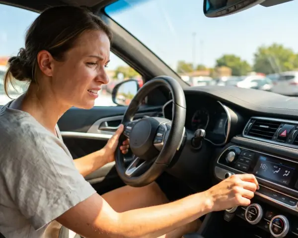 Donna frustrata al volante, tenta di regolare il climatizzatore. L'aria condizionata dell'auto non funziona, che caldo!