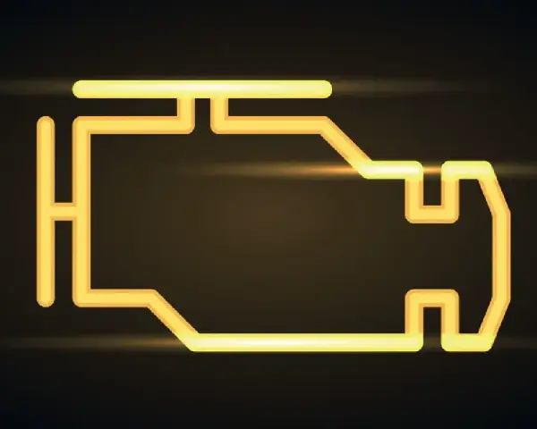 Icona gialla stilizzata di un motore, simbolo di avaria. Utile per diagnosi obd auto.