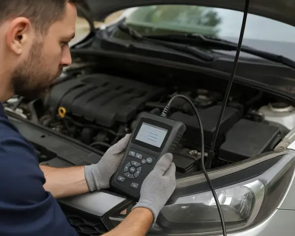 Meccanico con guanti grigi controlla con uno scanner diagnostico perché la centralina auto non parte.
