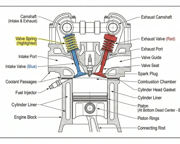 Sezione trasversale di un motore auto, che illustra i componenti chiave come pistone, valvole, candela e iniezione carburante.
