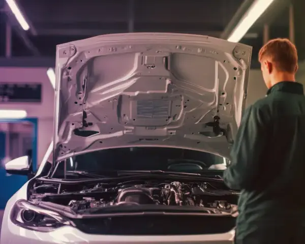 Meccanico esamina il motore turbo aspirato di un'auto con il cofano aperto in officina.