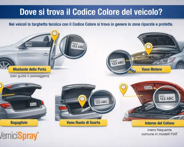 Trova il codice colore Toyota: montante porta, vano motore, bagagliaio, ruota di scorta o interno cofano.