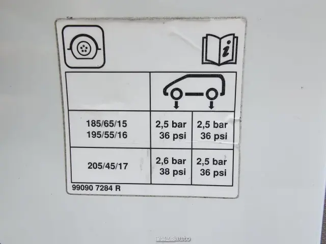 Etichetta con indicazioni sulla pressione gomme auto anteriori e posteriori per diverse misure di pneumatici.