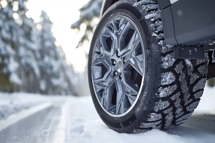 Pneumatici invernali per auto elettriche su strada innevata, con cerchio in lega e battistrada coperto di neve.