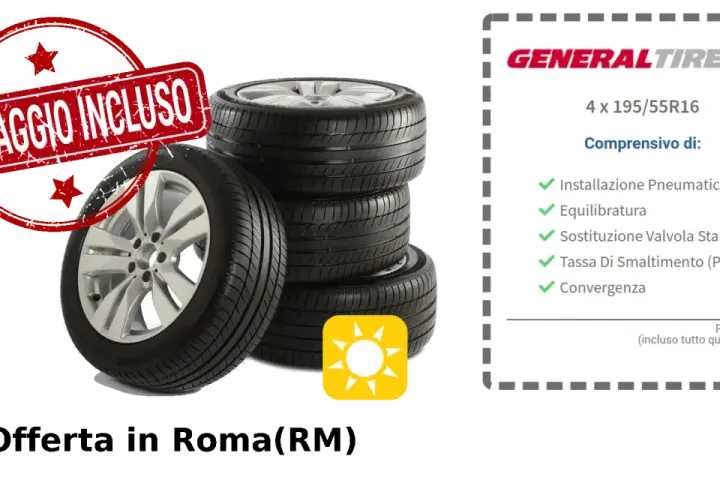 Offerta pneumatici General Tire 4 x 195/55R16 a Roma(RM), montaggio incluso. Prezzo 350€.