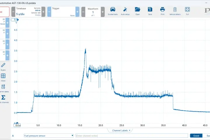 Grafico del sensore pressione rail: mostra il funzionamento con un picco e poi una stabilizzazione.