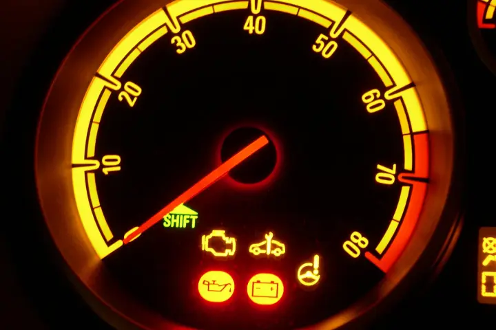 Cruscotto Opel Corsa con spie accese: olio, batteria, motore e sterzo. L'ago del contagiri è fermo.