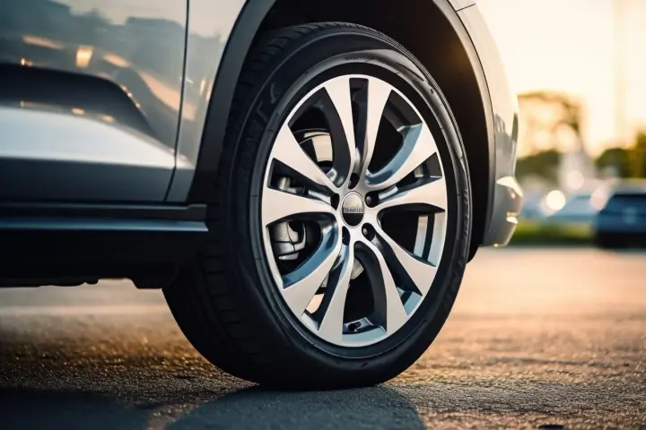Ruota di un'auto con cerchio in lega sportivo. Il pneumatico, con il suo run flat significato, garantisce sicurezza anche in caso di foratura.