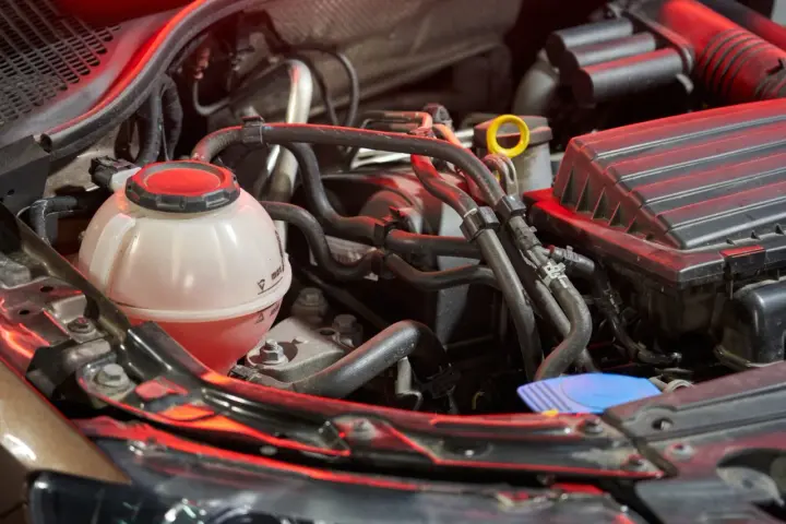 Serbatoio trasparente con liquido rosso, parte dell'impianto di raffreddamento del motore, circondato da tubi e componenti meccanici.