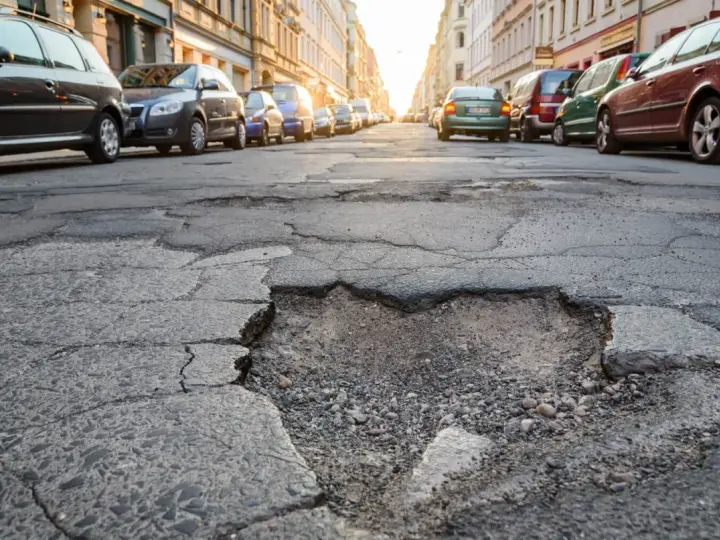 Un cratere nel marciapiede, con auto parcheggiate sullo sfondo. La gomma tagliata dal manto stradale crea un ostacolo pericoloso.