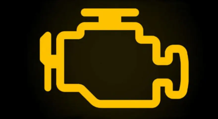 Spia motore accesa ma la macchina va bene. Icona gialla stilizzata di un motore su sfondo nero.