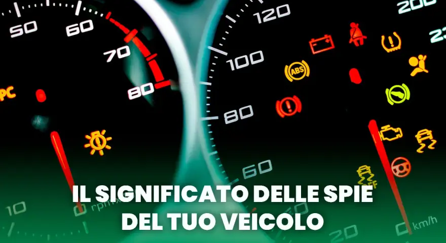 Cruscotto con spie rosse accese, tra cui batteria, ABS e controllo stabilità. Il testo indica "Il significato delle spie del tuo veicolo".