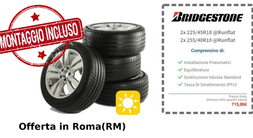 Offerta pneumatici Bridgestone con montaggio incluso. Gomme consumate ai lati? Sostituiscile con questo set completo a Roma.