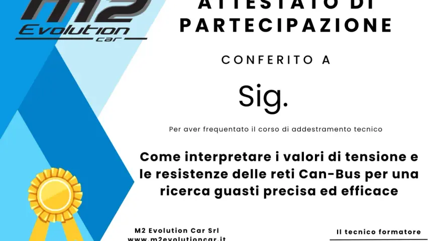 Attestato di partecipazione per corso tecnico su come interpretare i valori della linea can bus per ricerca guasti auto.