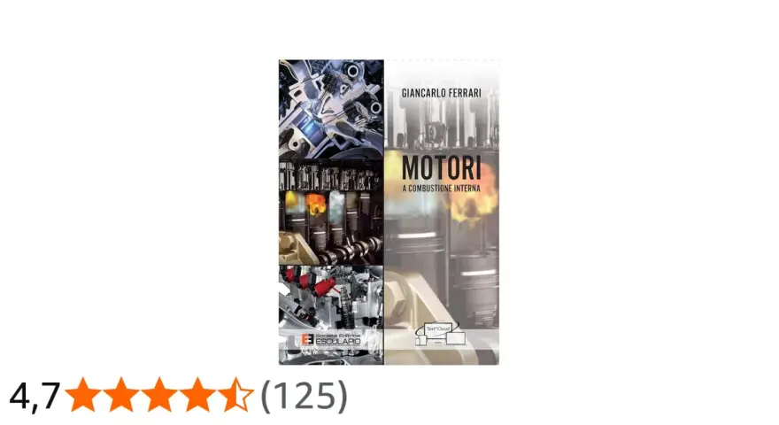 Copertina libro "Motori a combustione interna" di Giancarlo Ferrari, con immagini dettagliate di un motore a scoppio e pistoni in azione.