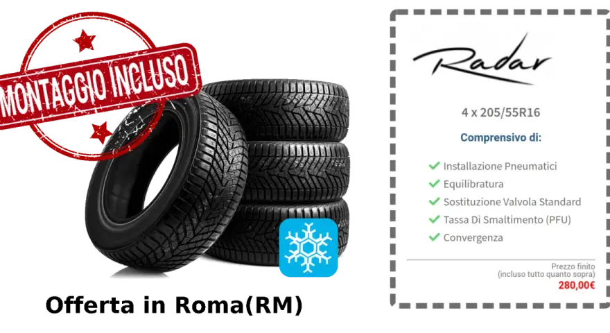 Offerta pneumatici invernali Radar con montaggio incluso. La freccia rotazione indica la possibilità di scegliere la direzione di montaggio. Prezzo 280€.
