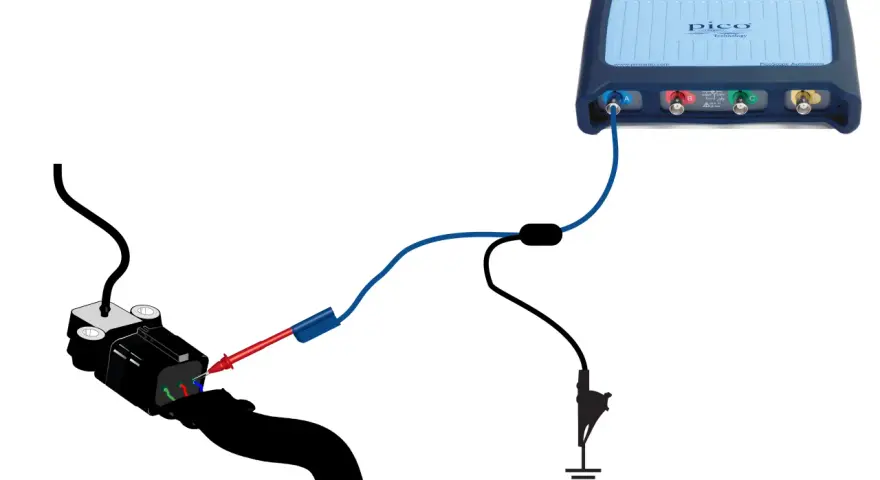 Collegamento di un sensore MAP con un oscilloscopio PicoScope per diagnosticare un segnale minimo irregolare.
