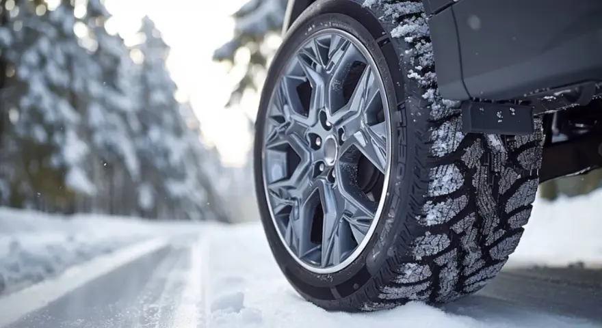 Pneumatici invernali per auto elettriche su strada innevata, con cerchio in lega e battistrada coperto di neve.