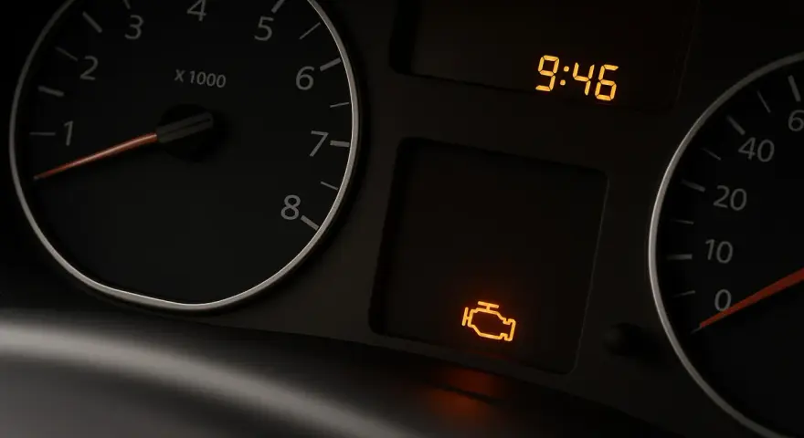 Cruscotto auto con spia centralina accesa, indicando un problema al motore. L'ora è 9:46.