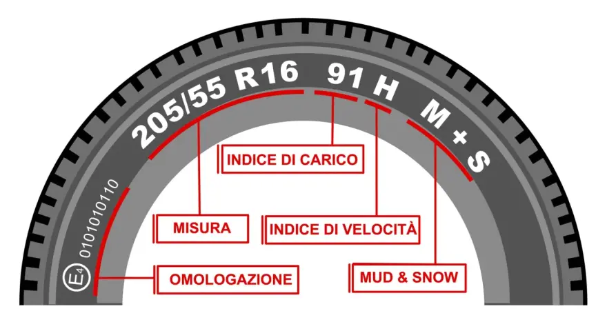 Guida per capire che gomme hai: misura (205/55 R16), indice di carico (91), indice di velocità (H), omologazione (E4) e M+S.